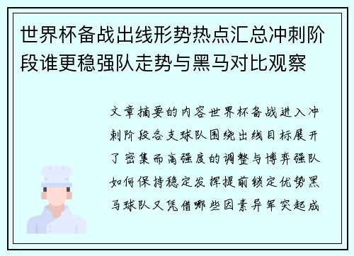 世界杯备战出线形势热点汇总冲刺阶段谁更稳强队走势与黑马对比观察